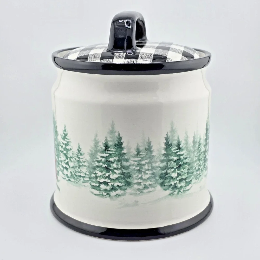 Vintage Style Christmas Cookie Jar Red Truck Fresh Cut Trees Ceramic Canister